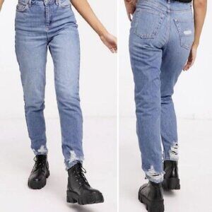 TOPSHOP | Mom Jean High Rise Distressed Blue Mid Wash Sz 25 Flawed